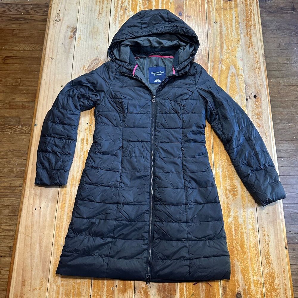 American Eagle Parka Long Puffer Jacket Womens Medium Black Down Hooded Coat